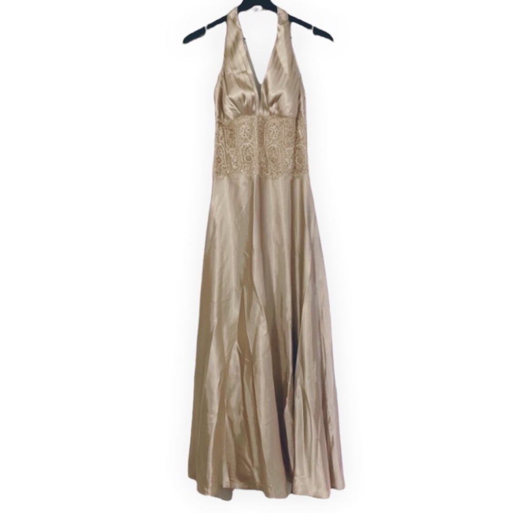 JS COLLECTIONS Beige Tan Lace Halter Dress Gown Size 4